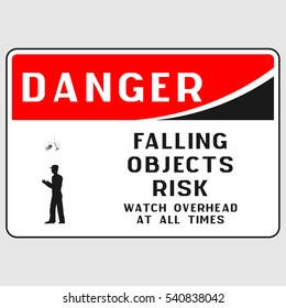 Plate: "Danger. Falling objects risk. Watch overhead at all times". On a gray background isolated