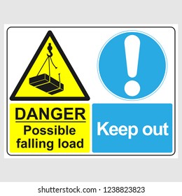 Plate: "Danger. Possible Falling Load. Keep Out". Sign: "Danger. Possible Falling Load. Keep Out" on a gray background