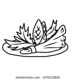 The plate is decorated with two cones with a cloth and twigs .Holiday
 .On hand-drawn, on a white isolated background.Design for greeting card,banner ,coloring