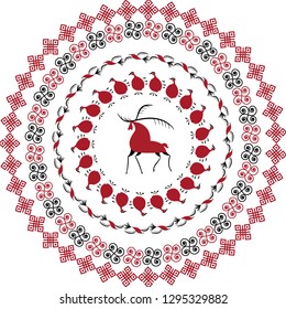 Plate with decorative elements  folk art of northern region of Russia. Mezensky red firebird. Illustration, vector frame template