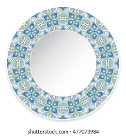 Plate with decorative pattern on white background, top view. Vector illustration.