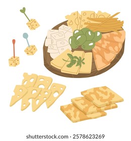 A plate of delicious cheese snacks. Olives, canapes and cheeses of all kinds and flavors. Farming and cheese making. Restaurant serving of dishes. Vector illustration for a grocery store.