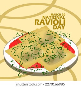 A plate of delicious dish called Ravioli with sauce and bold text on light brown background  to celebrate National Ravioli Day on March 20