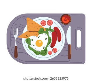 A plate with a delicious fresh breakfast on a wooden tray. Fried heart-shaped fried eggs with sausages and fresh vegetables with herbs. Vector illustration isolated on a white background