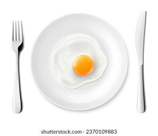 Plate with delicious fried egg and stainless steel cutlery, fork and knife, isolated on white background. Realistic 3D vector illustration. delicious breakfast, top view.
