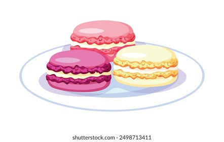 Plate with delicious macarons in a cartoon style. Vector illustration of a plate with sweet macarons of different flavors isolated on a white background. French dessert.Confectionery.