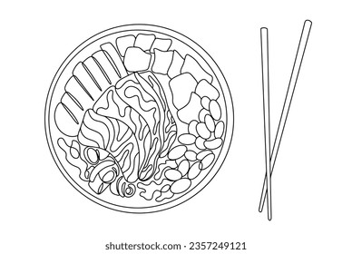 A plate of delicious poke and hashi. Delicious and wholesome food. International Poke Day. One line drawing for different uses. Vector illustration.