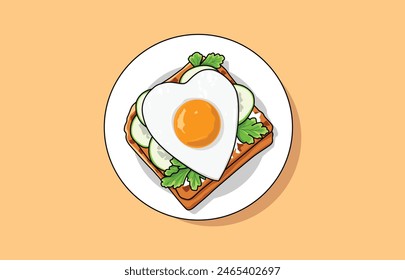A plate of delicious sandwiches with heart-shaped fried eggs
in the top view. food concept.