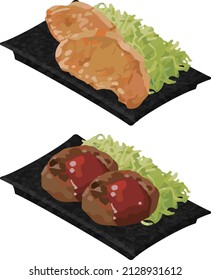 A plate of delicious side dishes. Meat dish set.Isometric colorful illustration.