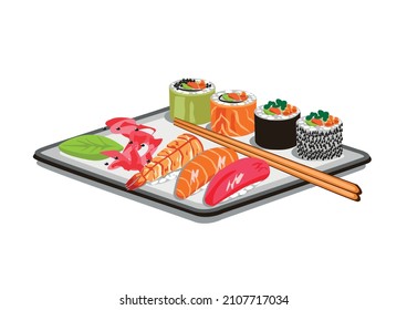 Plate with different rolls and sushi with salmon, caviar, wasabi and ginger. Vector illustration of delicious Japanese food for advertising, cards or media.