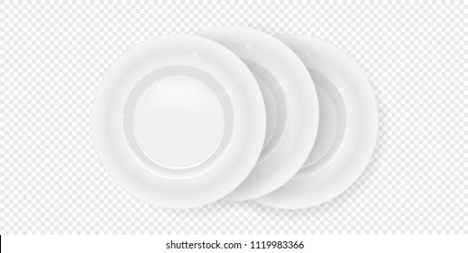 Plate dish 3D white round isolated on transparent background. Vector porcelain soup plate or bowl. Disposable plastic or paper realistic kitchenware icon
