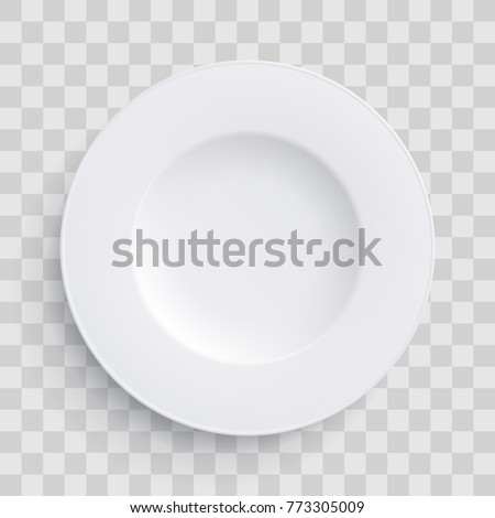 Plate dish 3D white round isolated on transparent background. Vector porcelain soup plate or bowl. Disposable plastic or paper realistic kitchenware icon