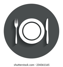 Plate dish with fork and knife. Eat sign icon. Cutlery etiquette rules symbol. Gray flat button with shadow. Modern UI website navigation. Vector