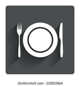 Plate dish with fork and knife. Eat sign icon. Cutlery etiquette rules symbol. Gray flat square button with shadow. Modern UI website navigation. Vector