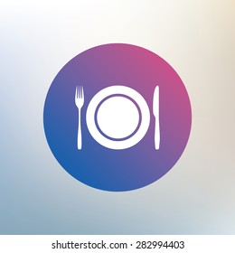 Plate dish with fork and knife. Eat sign icon. Cutlery etiquette rules symbol. Icon on blurred background. Vector
