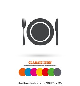 Plate dish with fork and knife. Eat sign icon. Cutlery etiquette rules symbol. Classic flat icon. Colored circles. Vector