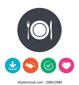 Plate dish with fork and knife. Eat sign icon. Cutlery etiquette rules symbol. Download arrow, handshake, tick and heart. Flat circle buttons.