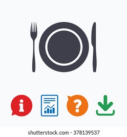 Plate dish with fork and knife. Eat sign icon. Cutlery etiquette rules symbol. Information think bubble, question mark, download and report.