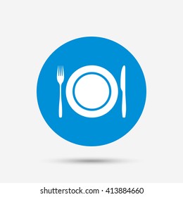 Plate dish with fork and knife. Eat sign icon. Cutlery etiquette rules symbol. Blue circle button with icon. Vector