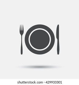 Plate dish with fork and knife. Eat sign icon. Cutlery etiquette rules symbol. Flat cutlery web icon on white background. Vector