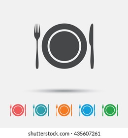 Plate dish with fork and knife. Eat sign icon. Cutlery etiquette rules symbol. Graphic element on white background. Colour clean flat cutlery icons. Vector