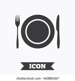 Plate dish with fork and knife. Eat sign icon. Cutlery etiquette rules symbol. Graphic design element. Flat cutlery symbol on white background. Vector