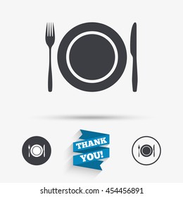 Plate dish with fork and knife. Eat sign icon. Cutlery etiquette rules symbol. Flat icons. Buttons with icons. Thank you ribbon. Vector