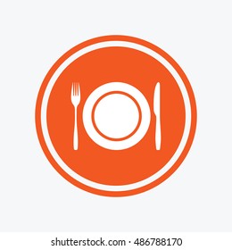 Plate dish with fork and knife. Eat sign icon. Cutlery etiquette rules symbol. Graphic design element. Flat cutlery symbol on the round button. Vector