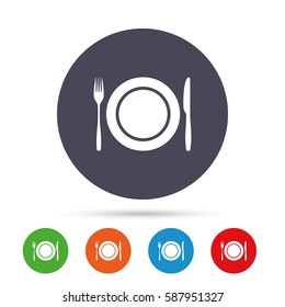 Plate dish with fork and knife. Eat sign icon. Cutlery etiquette rules symbol. Round colourful buttons with flat icons. Vector