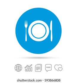 Plate dish with fork and knife. Eat sign icon. Cutlery etiquette rules symbol. Copy files, chat speech bubble and chart web icons. Vector