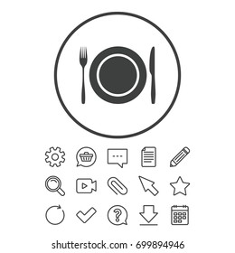 Plate dish with fork and knife. Eat sign icon. Cutlery etiquette rules symbol. Document, Chat and Paper clip line signs. Question, Pencil and Calendar line icons. Star, Download and Shopping cart
