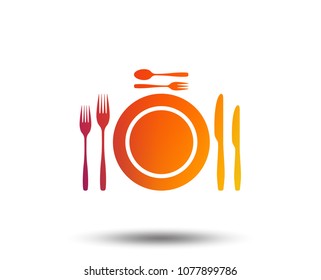 Plate dish with forks and knifes. Dessert trident fork with teaspoon. Eat sign icon. Cutlery etiquette rules symbol. Blurred gradient design element. Vivid graphic flat icon. Vector