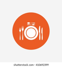 Plate dish with forks and knifes. Dessert trident fork with teaspoon. Eat sign icon. Cutlery etiquette rules symbol. Orange circle button with icon. Vector