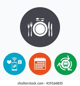 Plate dish with forks and knifes. Dessert trident fork with teaspoon. Eat sign icon. Cutlery etiquette rules symbol. Mobile payments, calendar and wifi icons. Bus shuttle.