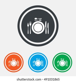 Plate dish with forks and knifes. Dessert trident fork with teaspoon. Eat sign icon. Cutlery etiquette rules symbol. Graphic design web element. Flat cutlery symbol on the round button. Vector