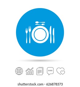 Plate dish with forks and knifes. Dessert trident fork with teaspoon. Eat sign icon. Cutlery etiquette rules symbol. Copy files, chat speech bubble and chart web icons. Vector