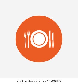 Plate dish with forks and knifes. Eat sign icon. Cutlery etiquette rules symbol. Orange circle button with icon. Vector