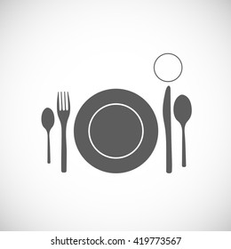 Plate dish with forks and knifes. Eat sign icon. Cutlery etiquette rules symbol. 