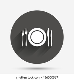 Plate dish with forks and knifes. Eat sign icon. Cutlery etiquette rules symbol. Circle flat button with shadow. Vector