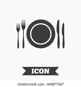 Plate dish with forks and knifes. Eat sign icon. Cutlery etiquette rules symbol. Graphic design element. Flat cutlery symbol on white background. Vector
