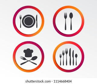 Plate dish with forks and knifes icons. Chief hat sign. Crosswise cutlery symbol. Dessert fork. Infographic design buttons. Circle templates. Vector