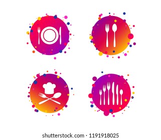 Plate dish with forks and knifes icons. Chief hat sign. Crosswise cutlery symbol. Dessert fork. Gradient circle buttons with icons. Random dots design. Vector