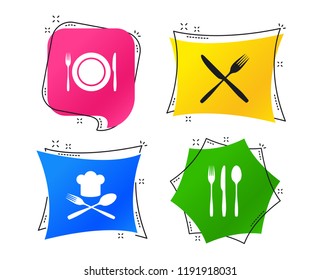 Plate dish with forks and knifes icons. Chief hat sign. Crosswise cutlery symbol. Dining etiquette. Geometric colorful tags. Banners with flat icons. Trendy design. Vector