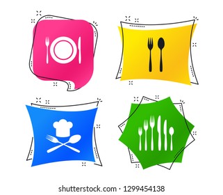 Plate dish with forks and knifes icons. Chief hat sign. Crosswise cutlery symbol. Dessert fork. Geometric colorful tags. Banners with flat icons. Trendy design. Vector