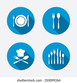 Plate dish with forks and knifes icons. Chief hat sign. Crosswise cutlery symbol. Dessert fork. Circle concept web buttons. Vector