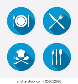 Plate dish with forks and knifes icons. Chief hat sign. Crosswise cutlery symbol. Dining etiquette. Circle concept web buttons. Vector