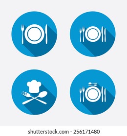 Plate dish with forks and knifes icons. Chief hat sign. Crosswise cutlery symbol. Dining etiquette. Circle concept web buttons. Vector