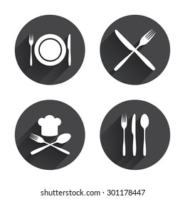 Plate dish with forks and knifes icons. Chief hat sign. Crosswise cutlery symbol. Dining etiquette. Circles buttons with long flat shadow. Vector