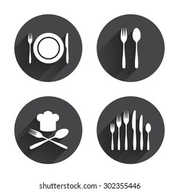 Plate dish with forks and knifes icons. Chief hat sign. Crosswise cutlery symbol. Dessert fork. Circles buttons with long flat shadow. Vector