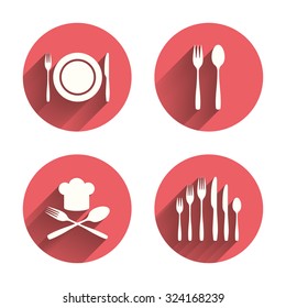 Plate dish with forks and knifes icons. Chief hat sign. Crosswise cutlery symbol. Dessert fork. Pink circles flat buttons with shadow. Vector